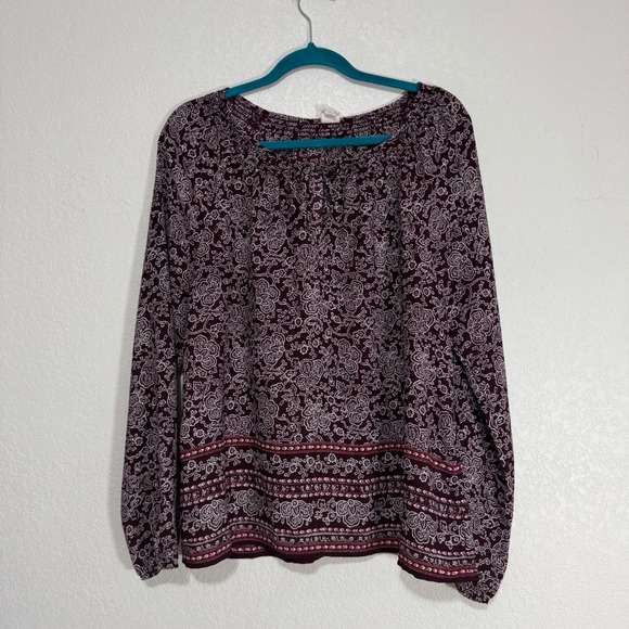 GAP Tops - Women's Burgundy Floral Print Smocked Neck Long Sleeve Blouse Size‎ M